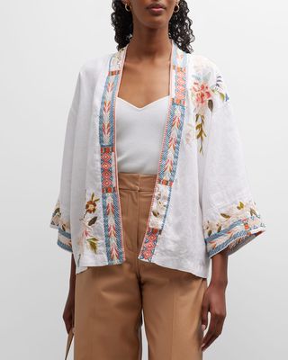 Ceretti Cropped Linen Kimono with Embroidered Detail