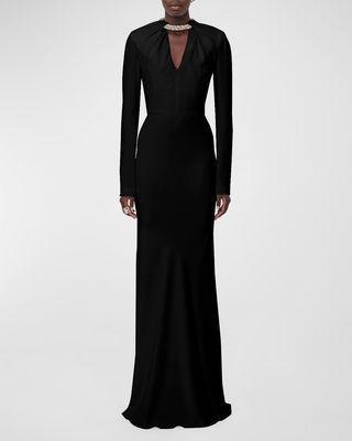 Certified Leaf Crepe Gown with Crystal Neckline