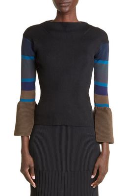 CFCL Stratum Top 2 Stripe Sleeve Bell Cuff Sweater in Black Multi