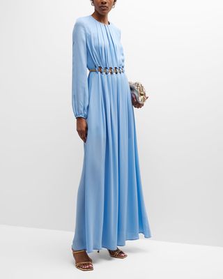 Chain Cutout Long-Sleeve Silk Georgette Gown