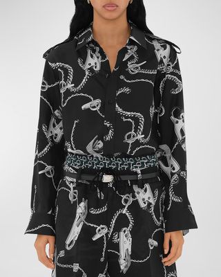 Chain-Print Long-Sleeve Collared Silk Top