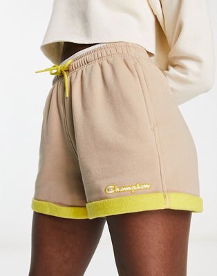 Champion color block fleece shorts in brown and cream
