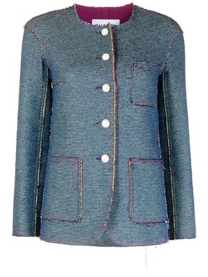Chanel Pre-Owned frayed collarless jacquard jacket - Blue