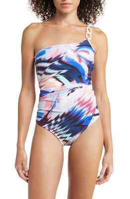 Change of Scenery Kara Ruched One-Shoulder One-Piece Swimsuit in Mosaic Print