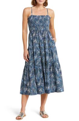 Change of Scenery Kristen Smocked Tiered Cotton Cover-Up Midi Dress in Teal Blue Multi