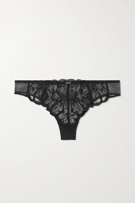 Chantelle - Fleurs Embroidered Tulle And Mesh Thong - Black