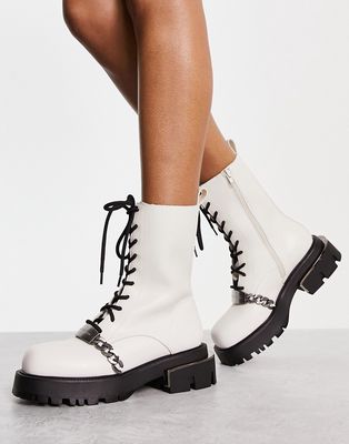 Charles and Keith chunky lace up boots with silver chain in off white