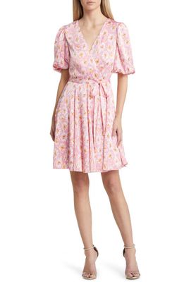 Charles Henry Floral Faux Wrap Minidress in Pink Daisies
