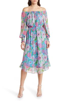 Charles Henry Floral Long Sleeve Smocked Midi Dress in Orchid Watercolor