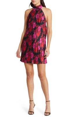 Charles Henry Floral Pleated Halter Neck Minidress in Red Roses