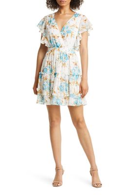 Charles Henry Floral Print Faux Wrap Minidress in Aqua Floral