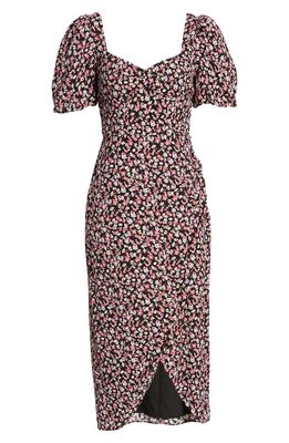 Charles Henry Floral Print Puff Sleeve Faux Wrap Midi Dress in Black Ditsy