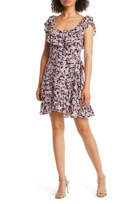 Charles Henry Floral Print Ruffle Faux Wrap Dress in Navy Floral
