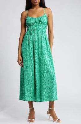 Charles Henry Floral Print Shirred Linen Blend Midi Dress in Green Ditsy