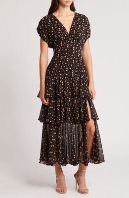 Charles Henry Floral Print Tiered Chiffon Maxi Dress in Black Ditsy 