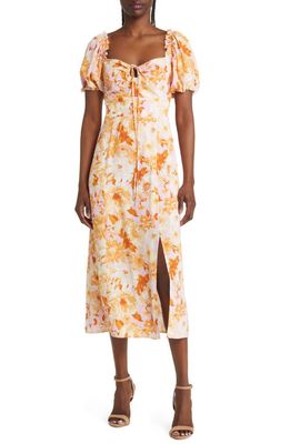 Charles Henry Floral Puff Sleeve Midi Dress in Gold Watercolor