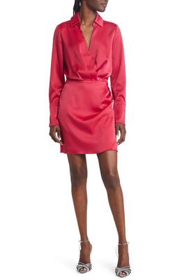 Charles Henry Long Sleeve Satin Faux Wrap Minidress in Hot Pink