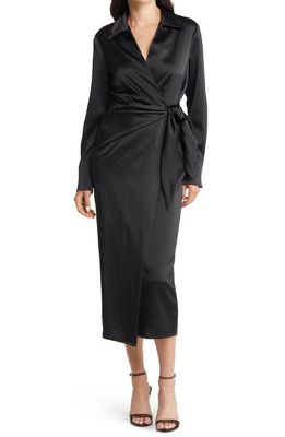 Charles Henry Long Sleeve Satin Midi Wrap Dress in Black