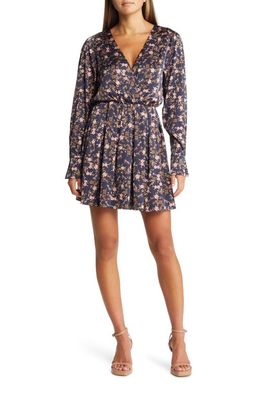 Charles Henry Pleated Long Sleeve Floral Minidress in Navy Allover