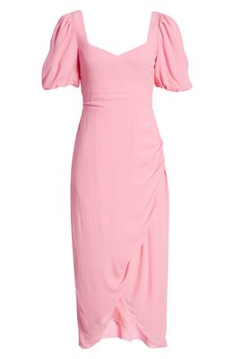 Charles Henry Puff Sleeve Faux Wrap Midi Dress in Bubblegum Pink