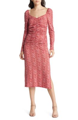 Charles Henry Ruched Ditsy Floral Long Sleeve Midi Dress in Brick Ditsy