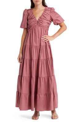 Charles Henry Ruched Tiered Dress in Dark Mauve