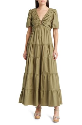 Charles Henry Ruched Tiered Dress in Olive