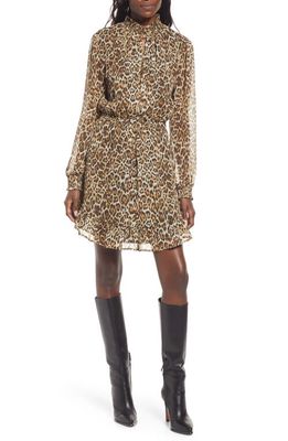 Charles Henry Smocked Cutout Long Sleeve Minidress in Leopard