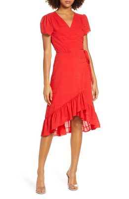 Charles Henry Textured Stripe Chiffon Wrap Dress in Red Textured Stripe