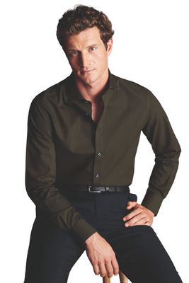 Charles Tyrwhitt Non-Iron Poplin Cutaway Slim Fit Shirt Single Cuff in Olive Green
