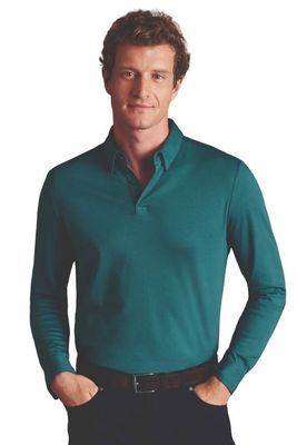 Charles Tyrwhitt Plain Long Sleeve Jersey Polo in Teal Green