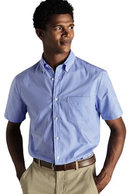 Charles Tyrwhitt Slim Fit Button-Down Collar Non-Iron Stretch Mini Gingham Short Sleeve Shirt in Ocean Blue