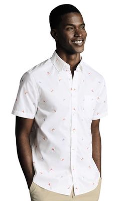 Charles Tyrwhitt Slim Fit Multi Button-Down Collar Non-Iron Lobster Print Short Sleeve Shirt in Orange