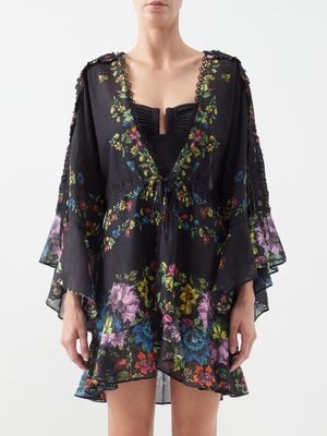 Charo Ruiz - Tunia Plunge-neck Floral-print Cotton-blend Kaftan - Womens - Black Multi