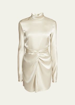 Charon Satin Twist Front Long-Sleeve Mini Dress