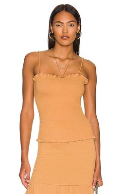 Chaser Smocked Ruffle Cami Top in Tan