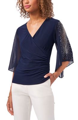 Chaus Beaded Sleeve Surplice Knit Top in Navy