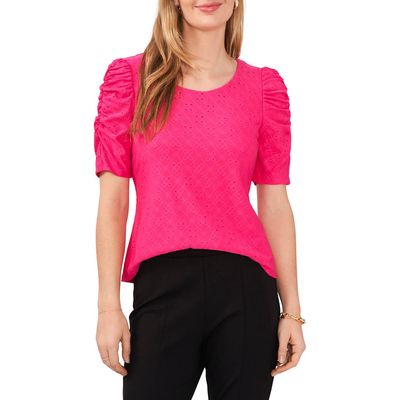 Chaus Embroidered Eyelet Ruched Sleeve Top in Bright Rose 