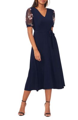 Chaus Embroidered Sleeve Fit & Flare Midi Dress in Navy/Ivory/Blush