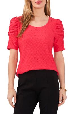 Chaus Eyelet Ruched Sleeve Knit Top in Geranium