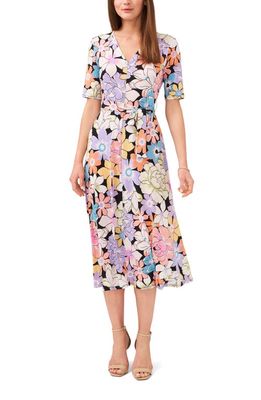 Chaus Floral Belted V-Neck Midi Dress in Black/Bright