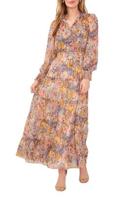 Chaus Floral Metallic Smocked Waist Long Sleeve Tiered Midi Dress in Ivory Multi