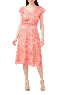 Chaus Floral Metallic Smocked Waist Midi Dress in Peach/Rose/Yellow