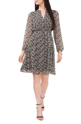 Chaus Floral Pintuck Long Sleeve Tie Waist Shirtdress in Black/Ivory
