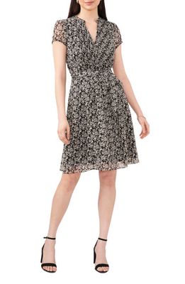 Chaus Floral Pintuck Pleat Dress in Black/Ivory