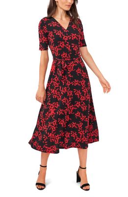Chaus Floral Print Tie Front Midi Dress in Black/Red