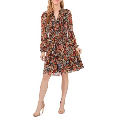 Chaus Floral Print Tie Waist Long Sleeve Dress in Wine/Multi/Black 635 