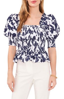 Chaus Floral Smocked Puff Sleeve Cotton Top in White/Navy