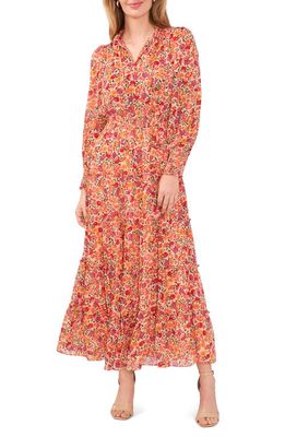 Chaus Floral Smocked Waist Long Sleeve Tiered Midi Dress in Peach Multi