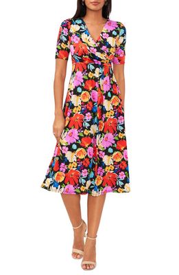 Chaus Floral Surplice Short Sleeve Knit Dress in Black